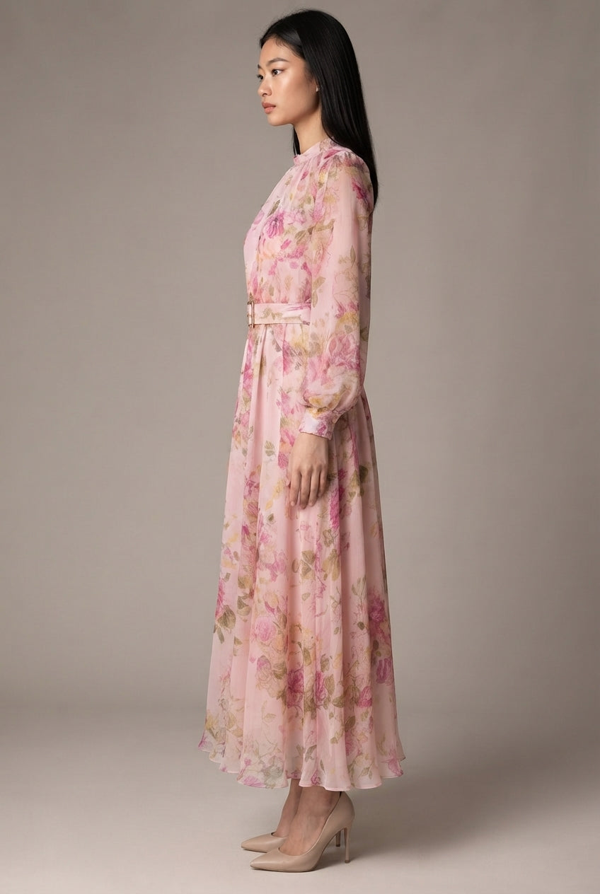 Waist-cinching Lace-up Elegant Chic Maxi Dress — Pink — AI-generated studio right-side profile