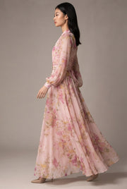 Waist-cinching Lace-up Elegant Chic Maxi Dress — Pink — AI-generated studio left-side walking view