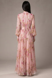 Waist-cinching Lace-up Elegant Chic Maxi Dress — Pink — AI-generated studio back view