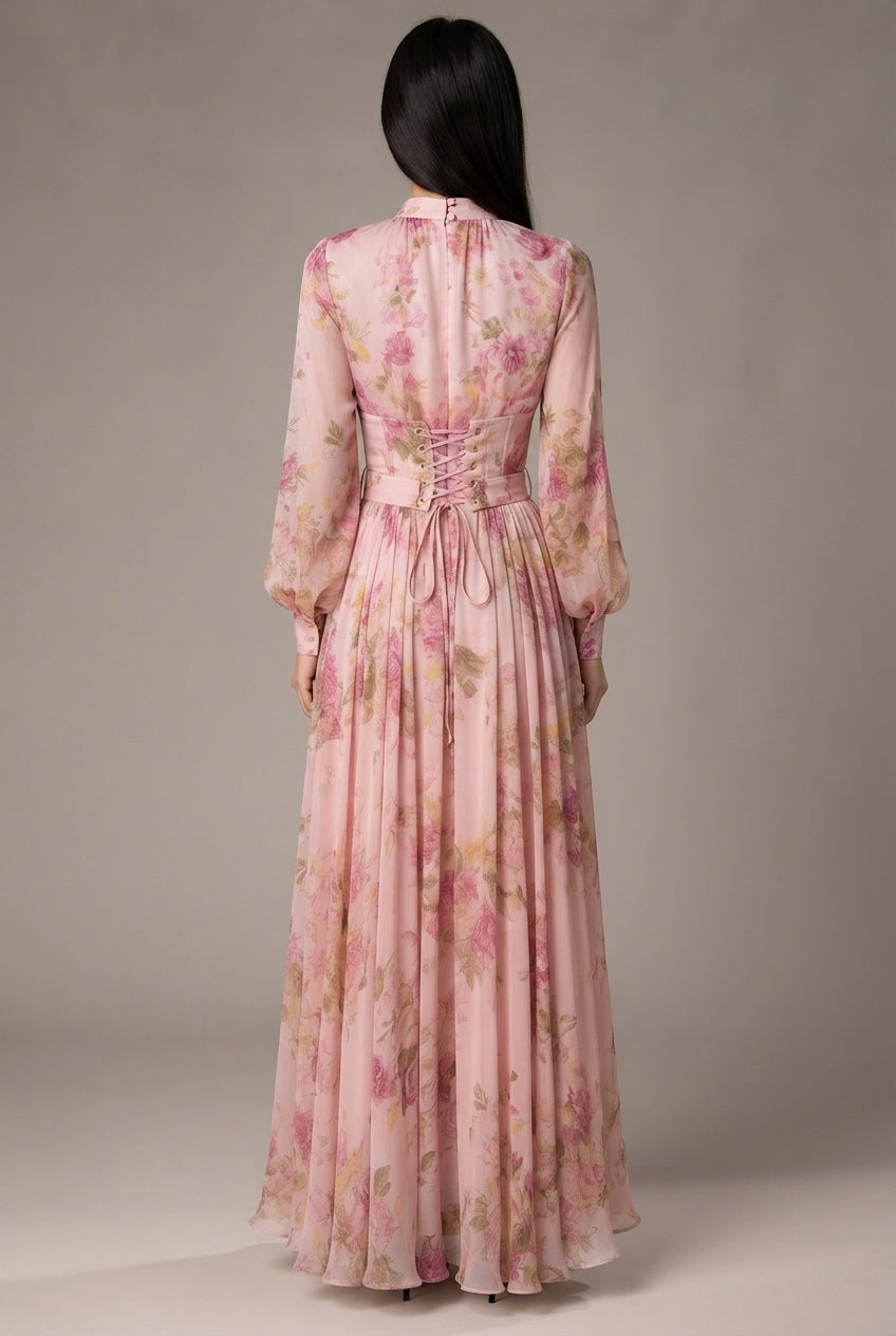 Waist-cinching Lace-up Elegant Chic Maxi Dress — Pink — AI-generated studio back view