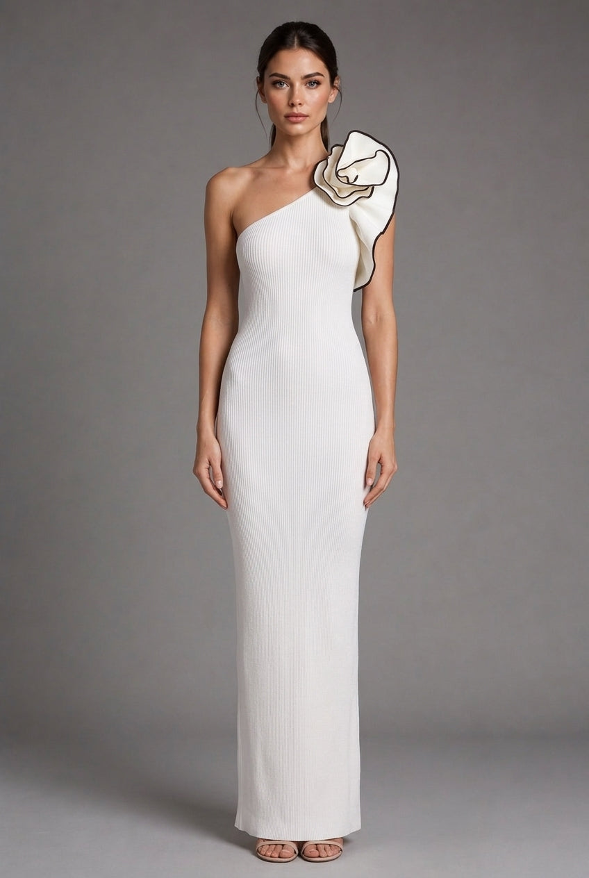 White One-shoulder Flower Black Hook Slim Fit Long Dress — AI-generated studio front view