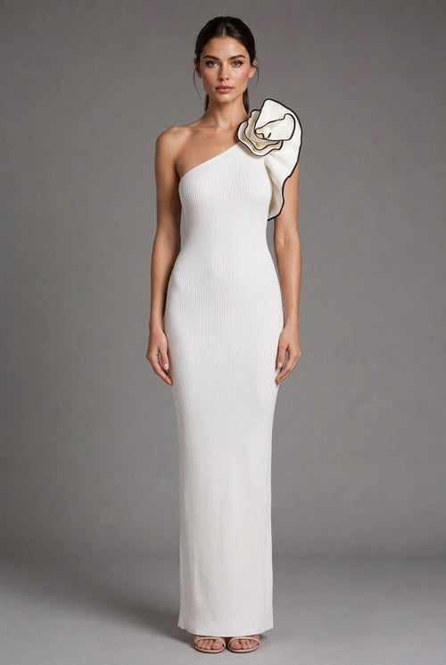 White One-shoulder Flower Black Hook Slim Fit Long Dress — AI-generated studio front view