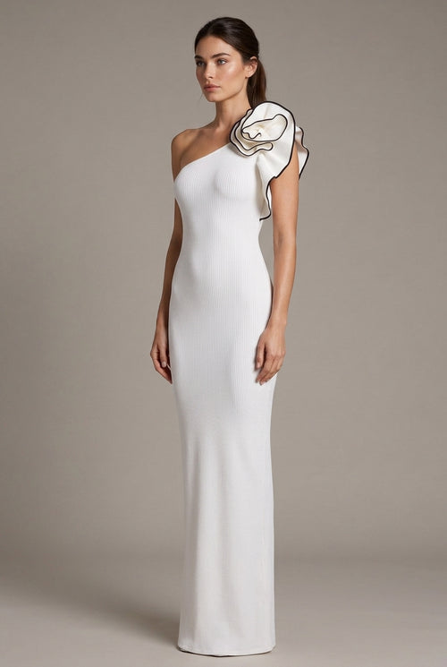 White One-shoulder Flower Black Hook Slim Fit Long Dress — AI-generated studio three-quarter view