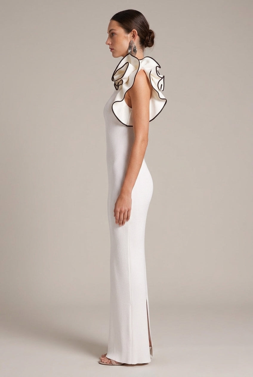 White One-shoulder Flower Black Hook Slim Fit Long Dress — AI-generated studio right-side profile