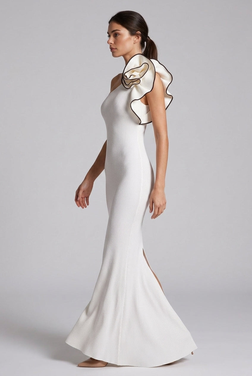 White One-shoulder Flower Black Hook Slim Fit Long Dress — AI-generated studio left-side walking view