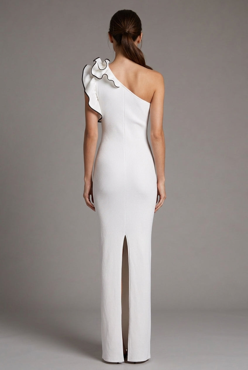 White One-shoulder Flower Black Hook Slim Fit Long Dress — AI-generated studio back view