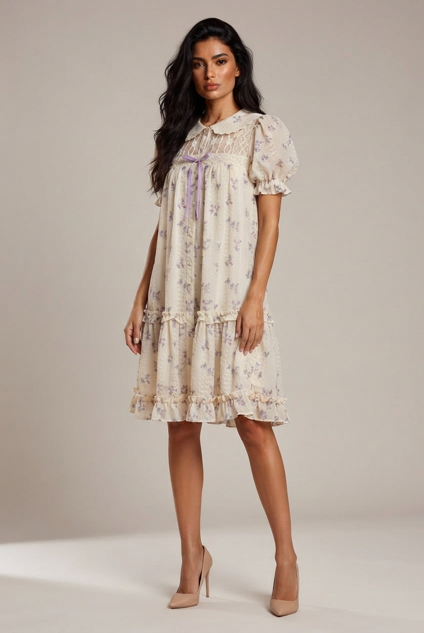 Wisteria Flower French Embroidery Floral Dress — Picture Color — AI-generated studio three-quarter view