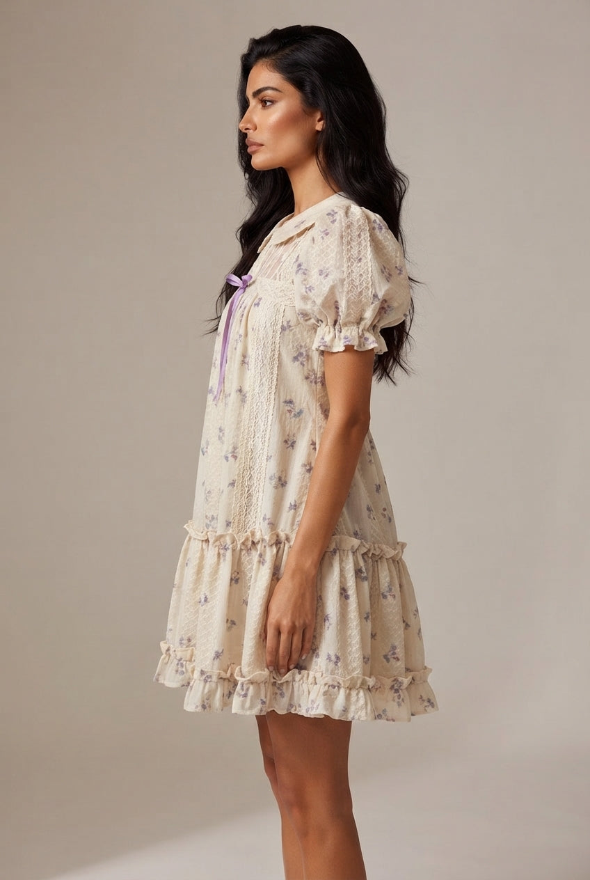 Wisteria Flower French Embroidery Floral Dress — Picture Color — AI-generated studio right-side profile