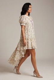 Wisteria Flower French Embroidery Floral Dress — Picture Color — AI-generated studio left-side walking view