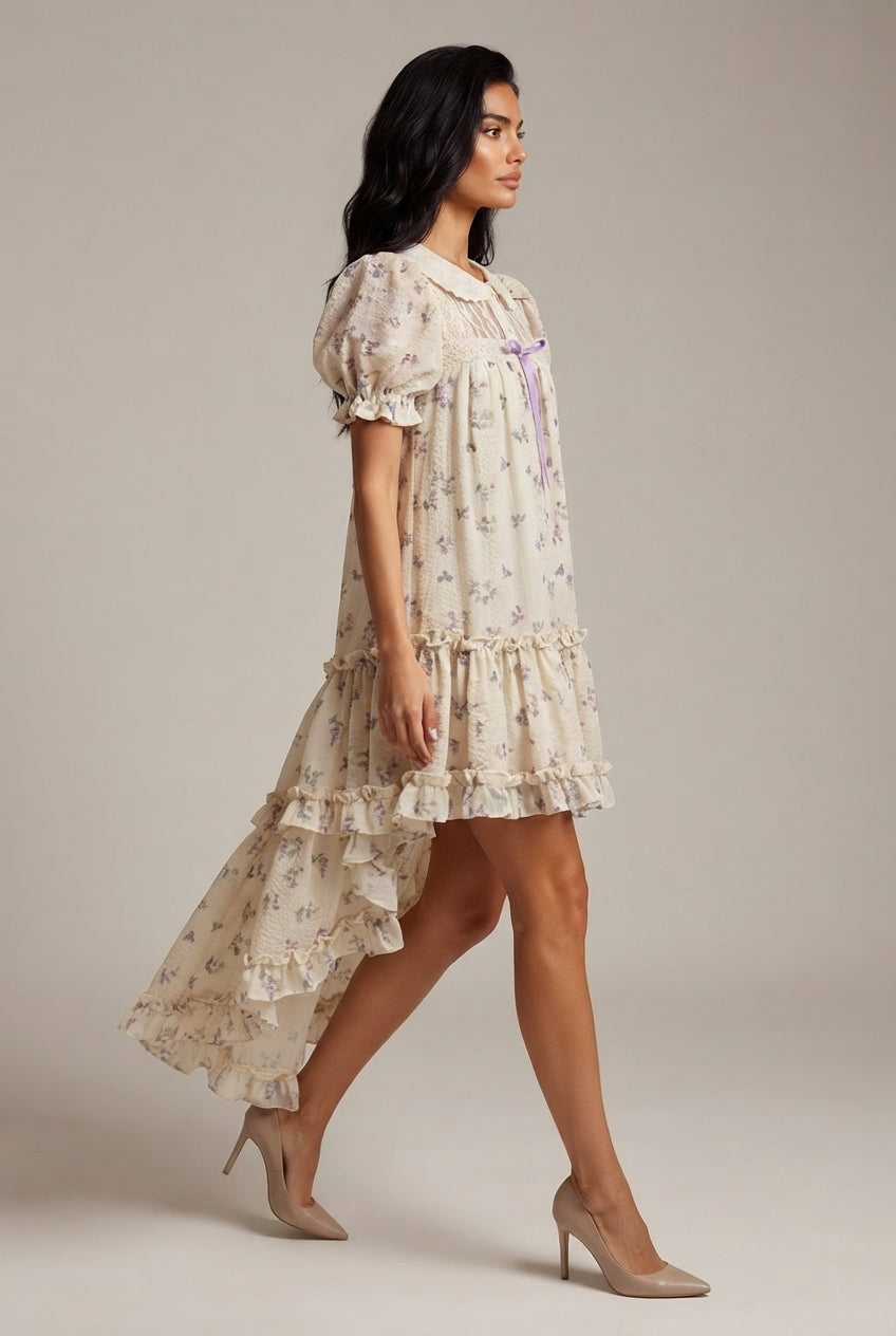 Wisteria Flower French Embroidery Floral Dress — Picture Color — AI-generated studio left-side walking view