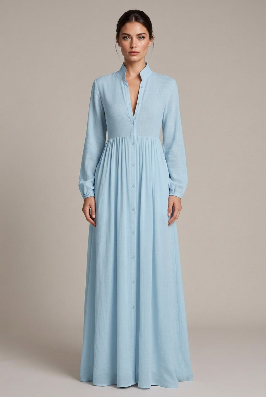 Women Elegant Stand Collar V Neck Shirt Maxi Dress, Long Sleeve Button Front Flowy Loose Floor Length Dresses With Side Pockets — AI-generated studio front view