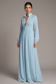 Women Elegant Stand Collar V Neck Shirt Maxi Dress, Long Sleeve Button Front Flowy Loose Floor Length Dresses With Side Pockets — AI-generated studio three-quarter view