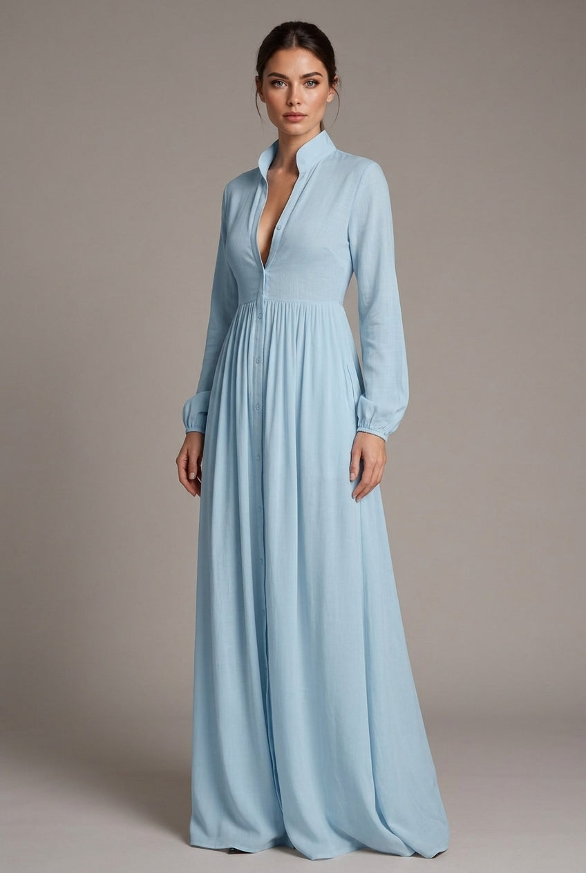 Women Elegant Stand Collar V Neck Shirt Maxi Dress, Long Sleeve Button Front Flowy Loose Floor Length Dresses With Side Pockets — AI-generated studio three-quarter view