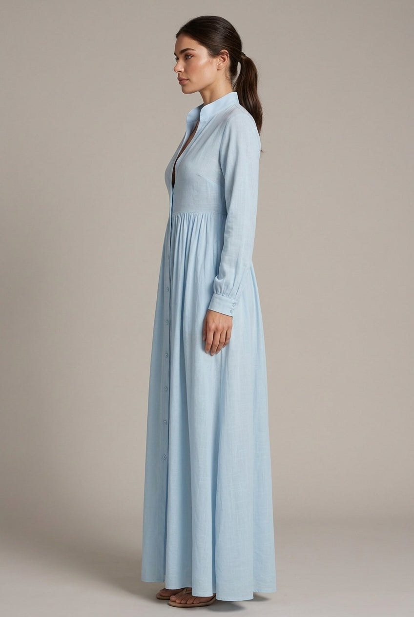 Women Elegant Stand Collar V Neck Shirt Maxi Dress, Long Sleeve Button Front Flowy Loose Floor Length Dresses With Side Pockets — AI-generated studio right-side profile