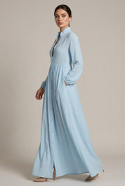 Women Elegant Stand Collar V Neck Shirt Maxi Dress, Long Sleeve Button Front Flowy Loose Floor Length Dresses With Side Pockets — AI-generated studio left-side walking view