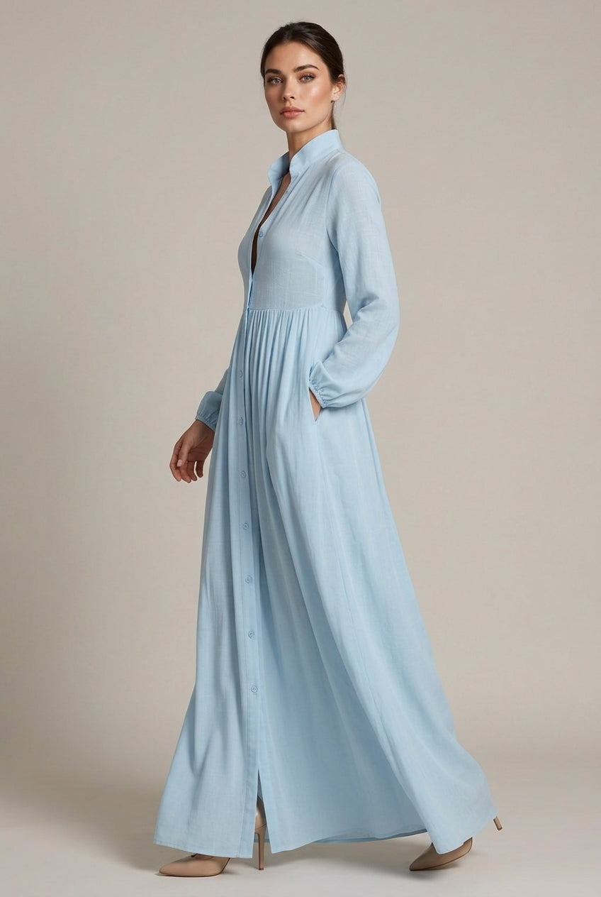 Women Elegant Stand Collar V Neck Shirt Maxi Dress, Long Sleeve Button Front Flowy Loose Floor Length Dresses With Side Pockets — AI-generated studio left-side walking view