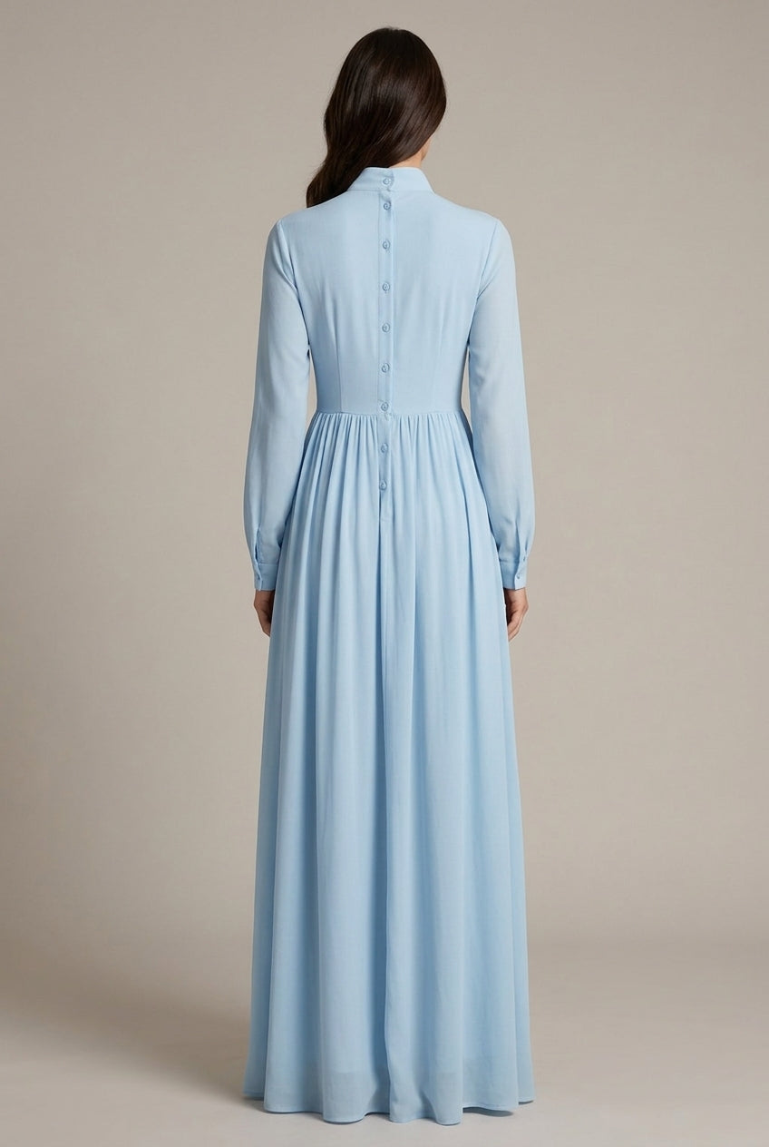 Women Elegant Stand Collar V Neck Shirt Maxi Dress, Long Sleeve Button Front Flowy Loose Floor Length Dresses With Side Pockets — AI-generated studio back view