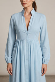 Women Elegant Stand Collar V Neck Shirt Maxi Dress, Long Sleeve Button Front Flowy Loose Floor Length Dresses With Side Pockets — AI-generated studio bodice detail