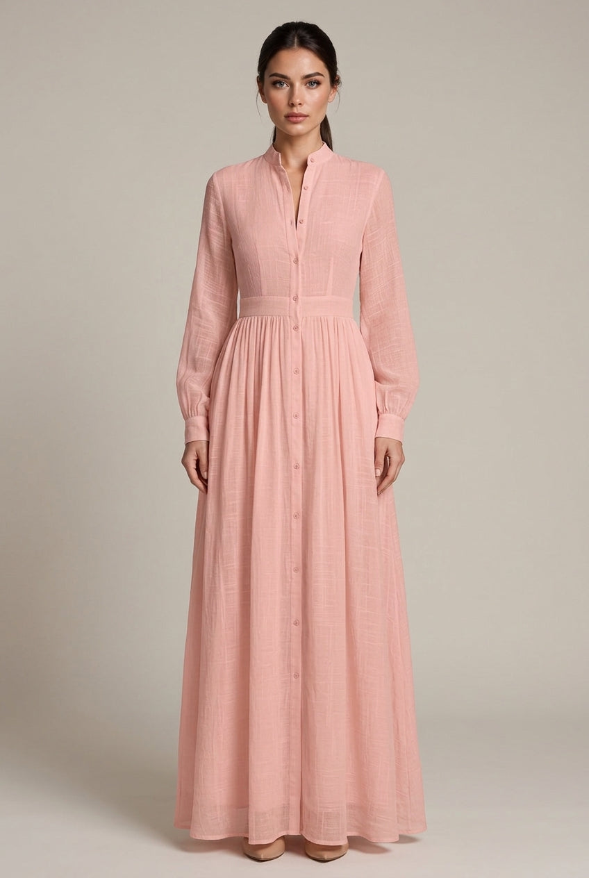 Élodie Shirt Maxi Dress — Pink — AI-generated studio front view