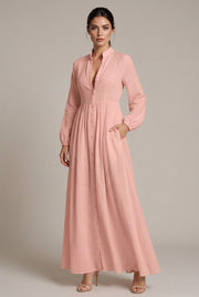 Élodie Shirt Maxi Dress — Pink — AI-generated studio three-quarter view
