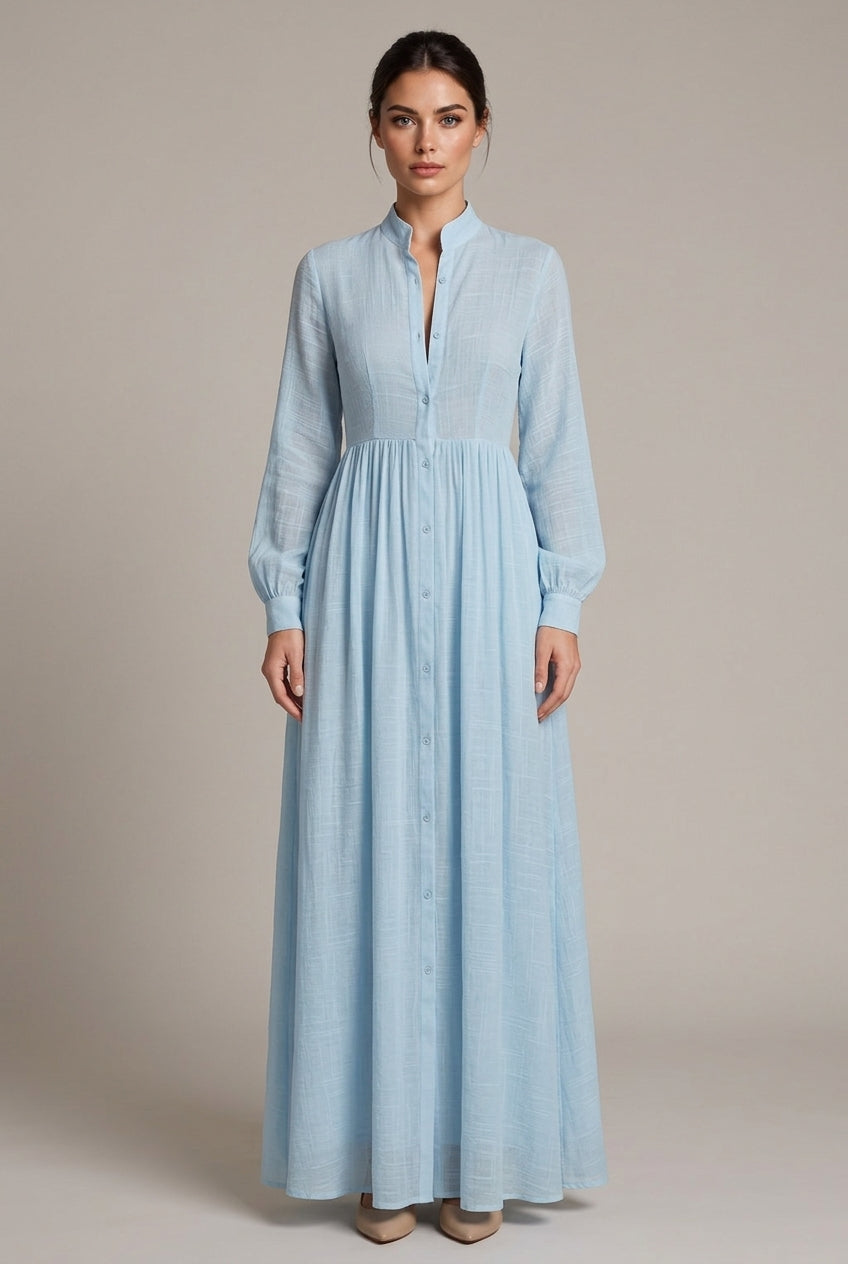 Élodie Shirt Maxi Dress — Sky Blue — AI-generated studio front view