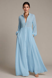 Élodie Shirt Maxi Dress — Sky Blue — AI-generated studio three-quarter view