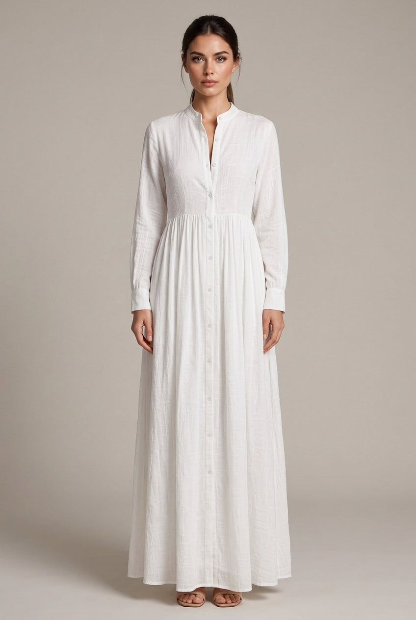 Élodie Shirt Maxi Dress — White — AI-generated studio front view