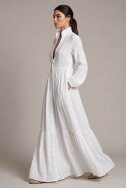 Élodie Shirt Maxi Dress — White — AI-generated studio left-side walking view