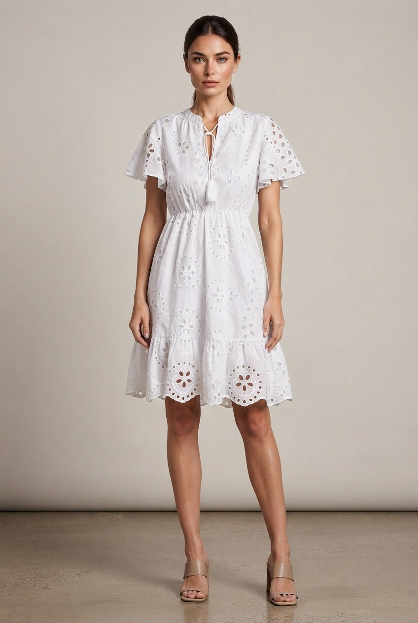 Women's Elegant White V-neck Lace Embroidery Summer Dress — White — AI-generated studio front view