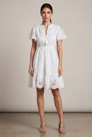 Women's Elegant White V-neck Lace Embroidery Summer Dress — White — AI-generated studio front view