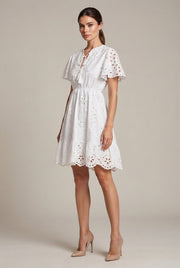 Women's Elegant White V-neck Lace Embroidery Summer Dress — White — AI-generated studio three-quarter view