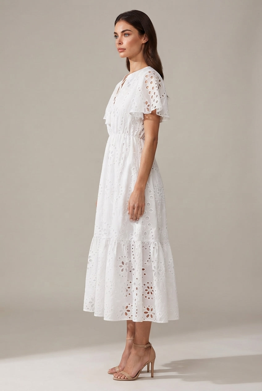 Women's Elegant White V-neck Lace Embroidery Summer Dress — White — AI-generated studio right-side profile