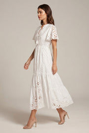 Women's Elegant White V-neck Lace Embroidery Summer Dress — White — AI-generated studio left-side walking view