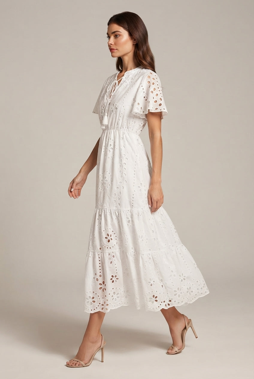 Women's Elegant White V-neck Lace Embroidery Summer Dress — White — AI-generated studio left-side walking view