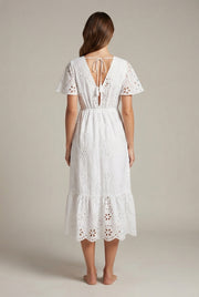 Women's Elegant White V-neck Lace Embroidery Summer Dress — White — AI-generated studio back view