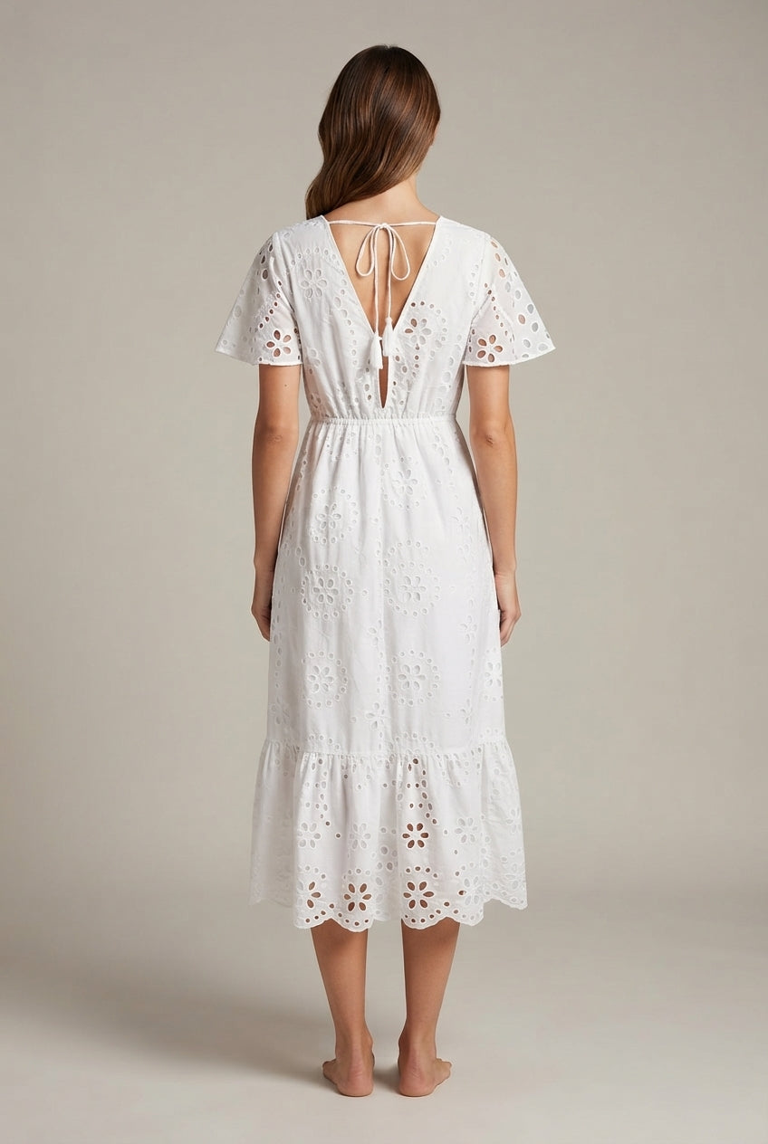 Women's Elegant White V-neck Lace Embroidery Summer Dress — White — AI-generated studio back view