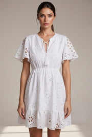 Women's Elegant White V-neck Lace Embroidery Summer Dress — White — AI-generated studio bodice detail