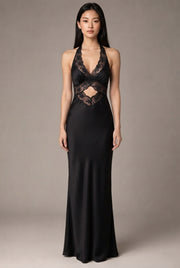 Women's Halter Lace Patchwork Hollow Satin Dress Sexy Backless Senior Sense Of Long Dress — Black — AI-generated studio front view