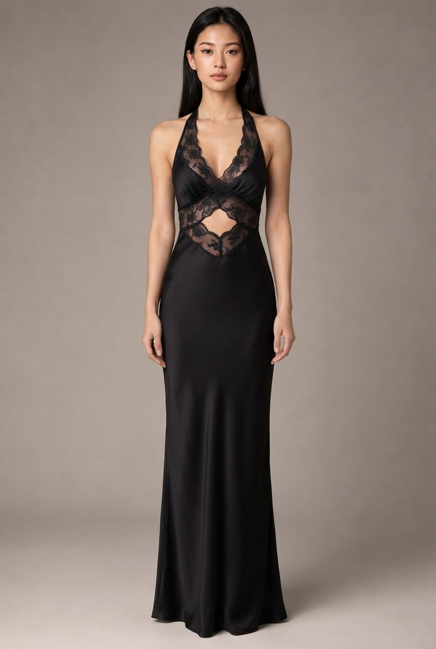 Women's Halter Lace Patchwork Hollow Satin Dress Sexy Backless Senior Sense Of Long Dress — Black — AI-generated studio front view