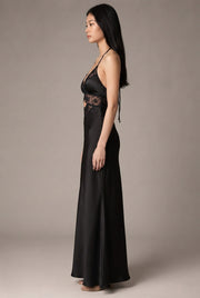 Women's Halter Lace Patchwork Hollow Satin Dress Sexy Backless Senior Sense Of Long Dress — Black — AI-generated studio right-side profile