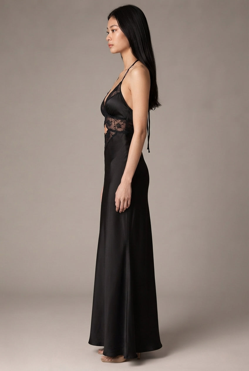 Women's Halter Lace Patchwork Hollow Satin Dress Sexy Backless Senior Sense Of Long Dress — Black — AI-generated studio right-side profile