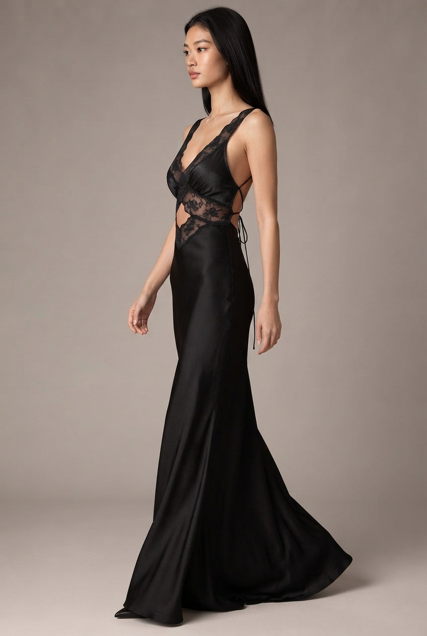 Women's Halter Lace Patchwork Hollow Satin Dress Sexy Backless Senior Sense Of Long Dress — Black — AI-generated studio left-side walking view
