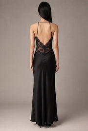 Women's Halter Lace Patchwork Hollow Satin Dress Sexy Backless Senior Sense Of Long Dress — Black — AI-generated studio back view