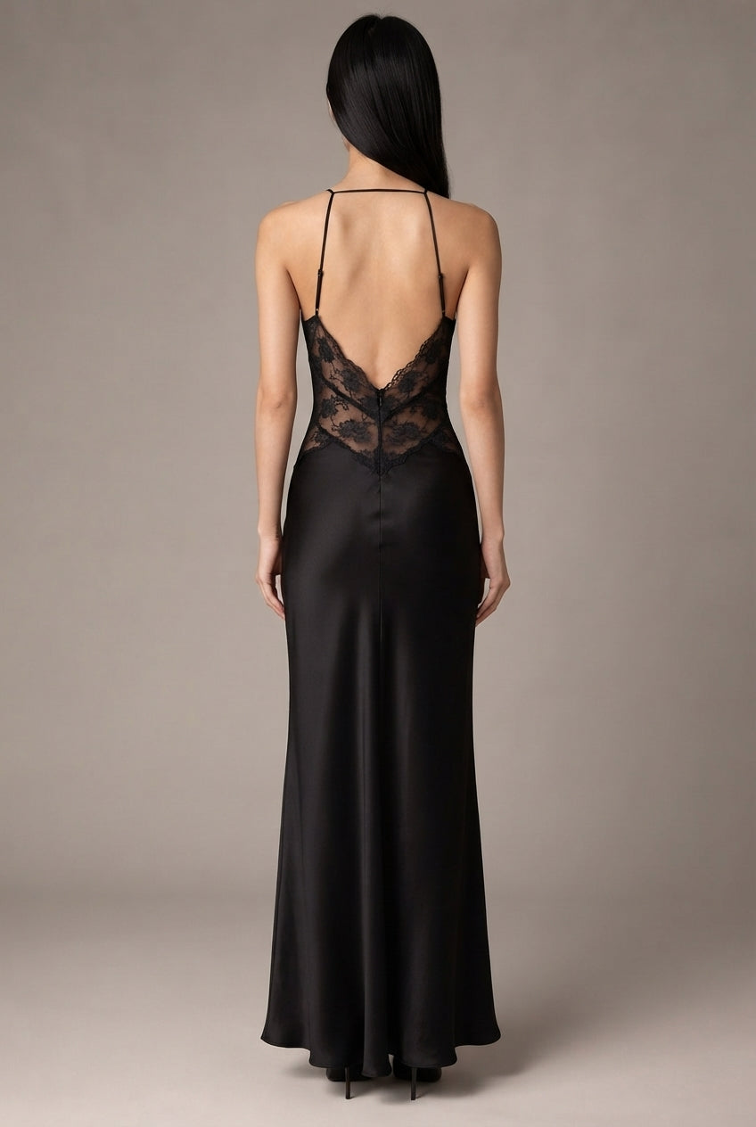 Women's Halter Lace Patchwork Hollow Satin Dress Sexy Backless Senior Sense Of Long Dress — Black — AI-generated studio back view