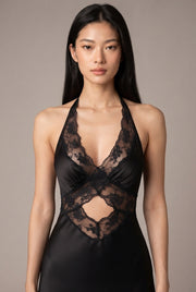 Women's Halter Lace Patchwork Hollow Satin Dress Sexy Backless Senior Sense Of Long Dress — Black — AI-generated studio bodice detail