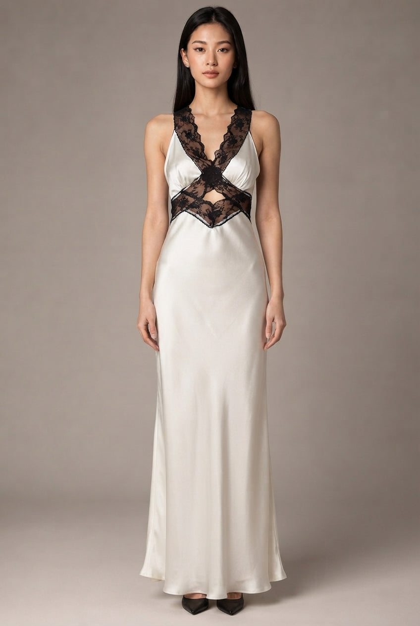Women's Halter Lace Patchwork Hollow Satin Dress Sexy Backless Senior Sense Of Long Dress — White. — AI-generated studio front view