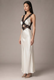 Women's Halter Lace Patchwork Hollow Satin Dress Sexy Backless Senior Sense Of Long Dress — White. — AI-generated studio three-quarter view