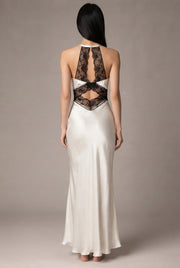 Women's Halter Lace Patchwork Hollow Satin Dress Sexy Backless Senior Sense Of Long Dress — White. — AI-generated studio back view