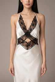 Women's Halter Lace Patchwork Hollow Satin Dress Sexy Backless Senior Sense Of Long Dress — White. — AI-generated studio bodice detail
