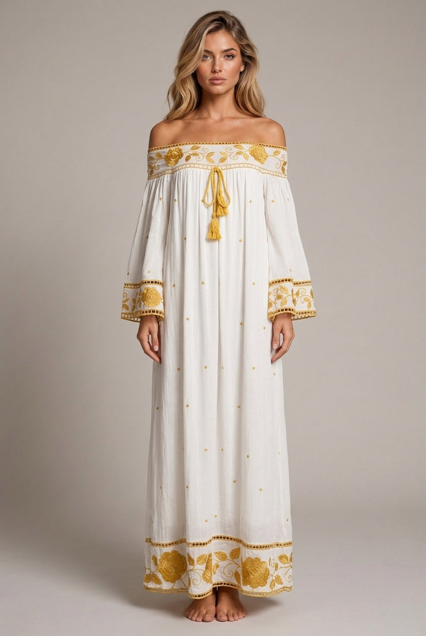 Women's Off-shoulder Flower Embroidered Vintage Dress — AI-generated studio front view